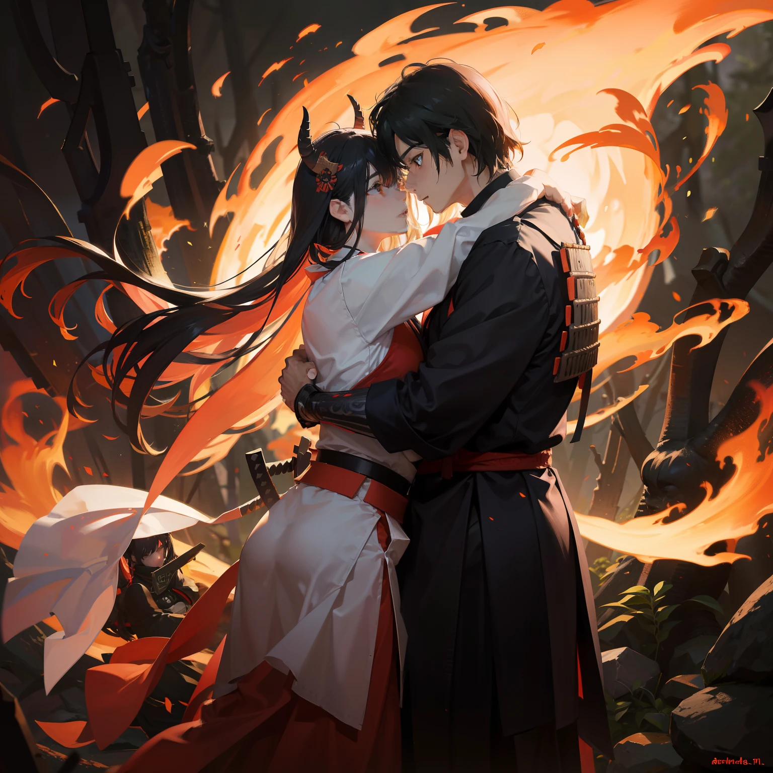 Couple, human man,man long hair, man tail, warrior, samurai man, samurai suit, samurai armor,demon girl, black long hair, hug, fire background, forest background