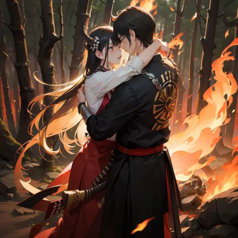 Couple, human man,man long hair, man tail, warrior, samurai man, samurai suit, samurai armor,demon girl, black long hair, hug, f...