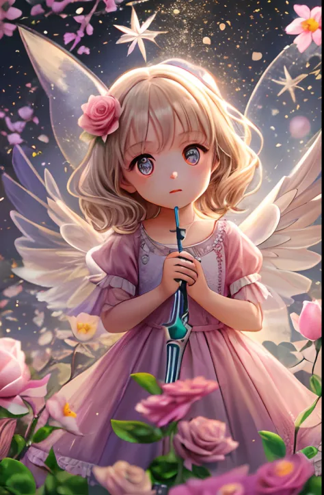 A little girl with transparent wings，Holding a wand among the flowers，surrounded by colorful flowers，Gentle and transparent，anatomy correct, Delicate pattern，Pink rose space, Soft lighting, ( Bokeh)，Masterpiece, Super detailed, Epic composition, Highest qu...