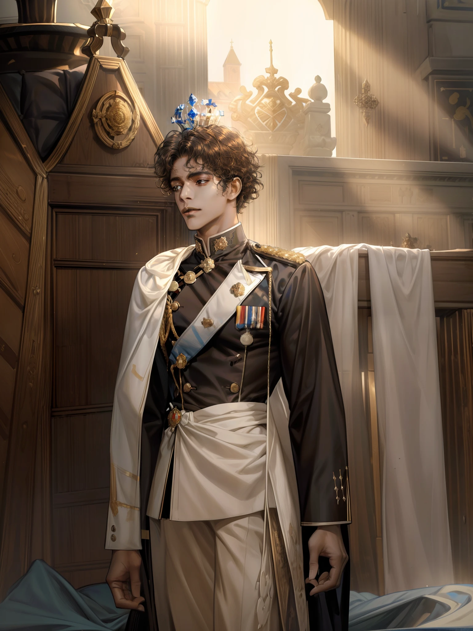 (absurdres, highres, ultra detailed), 1 black male, adult, handsome, brown skin, soft curly hair, tall muscular guy, broad shoulders, finely detailed eyes, Fantasy, royal, nobleman, Admiral, light brown eyes, fleet commander, navy, commander, white uniform, dutch angle, holding royal stuff, wearing a king crown, curly hair,