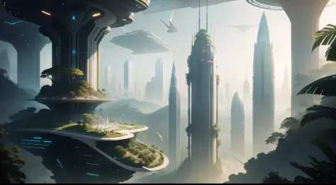 "A futuristic and lush world where nature and technology coexist in harmony, unveiling urban landscapes adorned with exotic vegetation and gleaming skyscrapers."
