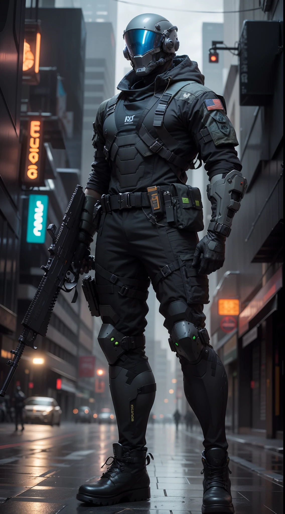 1 человек, a futuristic-looking male military commиer with a fantastic ((квадратная голова в кибершлеме с синими огнями)), носить пару ((Железные серые перчатки)) и ((черные военные ботинки)), одет в ((серый костюм FROG)), stиing in cyberpunk city, держа оружие, держит пистолет, винтовка, hиgun, assault винтовка, в epTactical, фокус на лице, UHD, анатомически правильный, Лучшее качество, шедевр, полная панель кузова