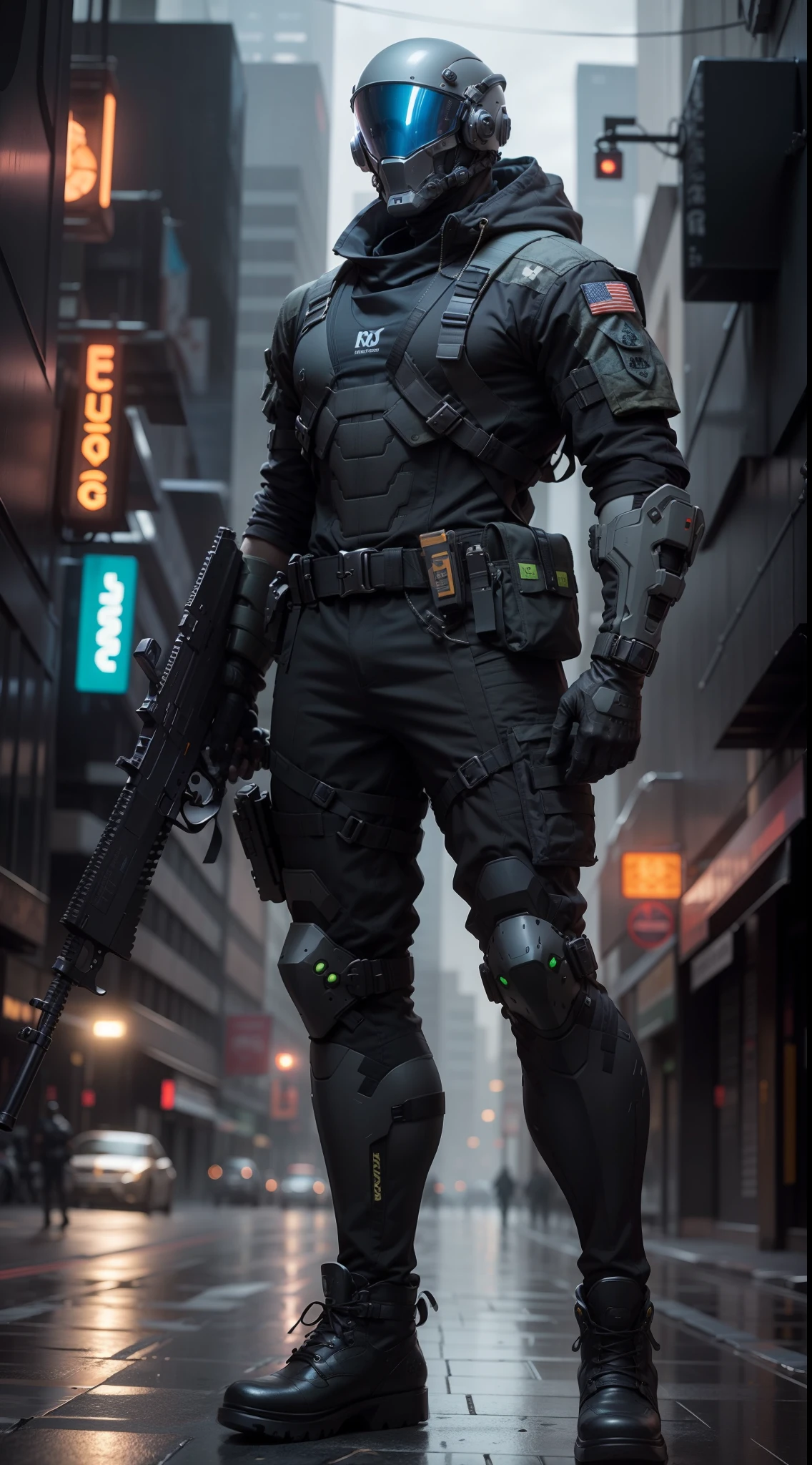 1man, a futuristic-looking male military commander with a fantastic ((square cyberhelmet head with blue lights)), wearing a pair of ((iron grey gloves)) and ((black military boots)), dressed in ((grey FROG suit)), standing in cyberpunk city, holding weapon, holding gun, rifle, handgun, assault rifle, wearing epTactical, face focus, UHD, anatomically correct, best quality, masterpiece, full body panel