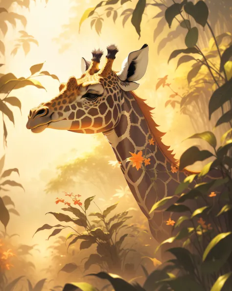 In the middle of the jungle stands a giraffe, beautiful painting of a tall, by Yang J, author：Ryan Yee, detailed beautiful anima...