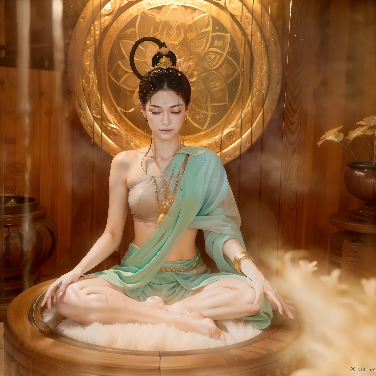 Sexy Zen  beauty soaked with sweat all over sitting in a  chamber meditating，（Yoga lotus sitting），（complete，Delicate and good-looking face），（The whole body is drenched in ）