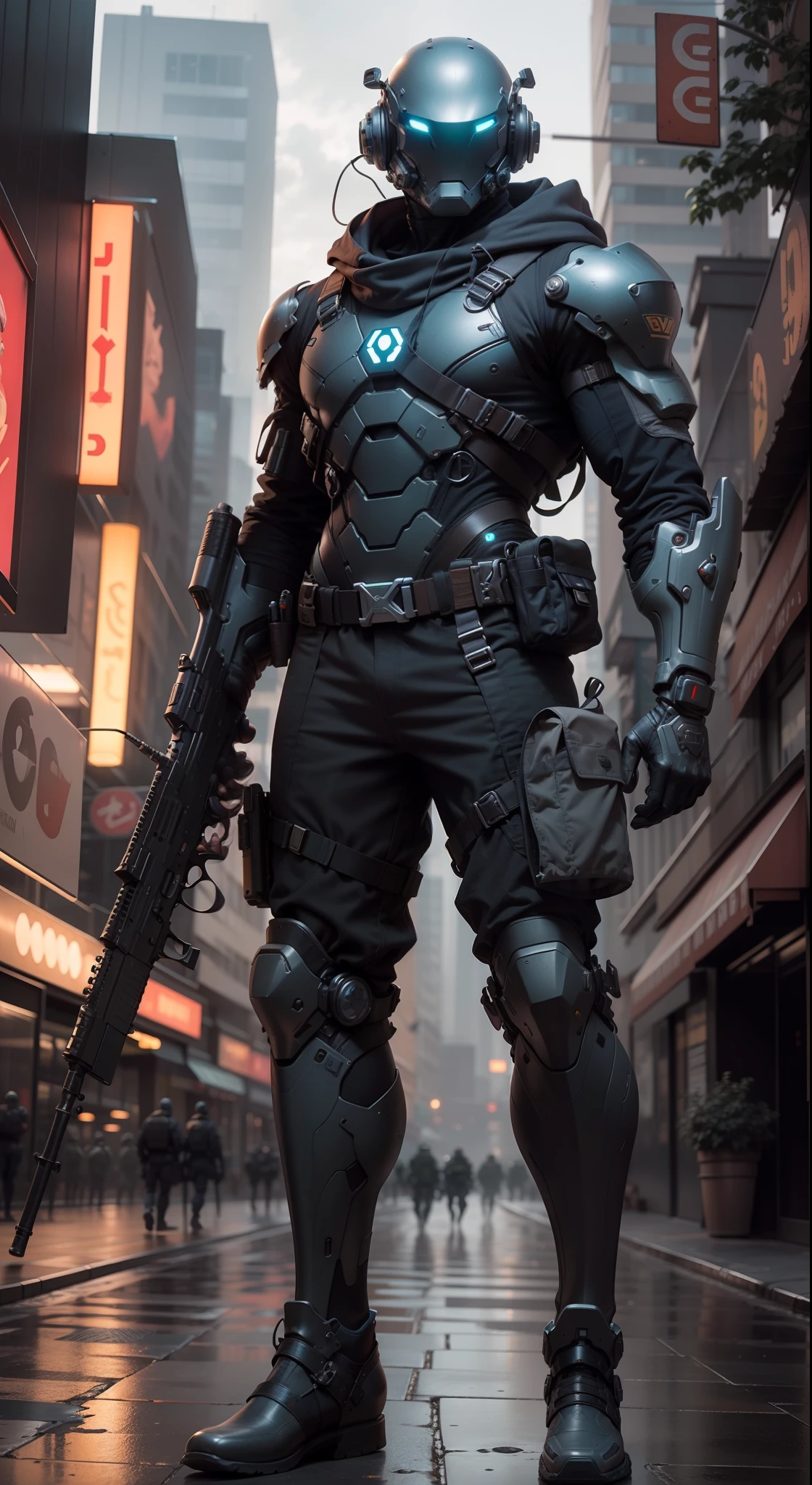 1 hombre, Un comandante militar masculino de aspecto futurista con un fantástico ((cabeza de cibercasco cuadrada con luces azules)) y un par de pies mecánicos, usando un par de ((Guantes gris hierro)), sin zapatos, vestido ((traje gris FROG)), de pie en la ciudad cyberpunk, sosteniendo arma, sosteniendo el arma, rifle, Pistola, Fusil de asalto, usando epTactical, enfoque facial, HD, anatómicamente correcto, mejor calidad, obra maestra, panel de cuerpo completo