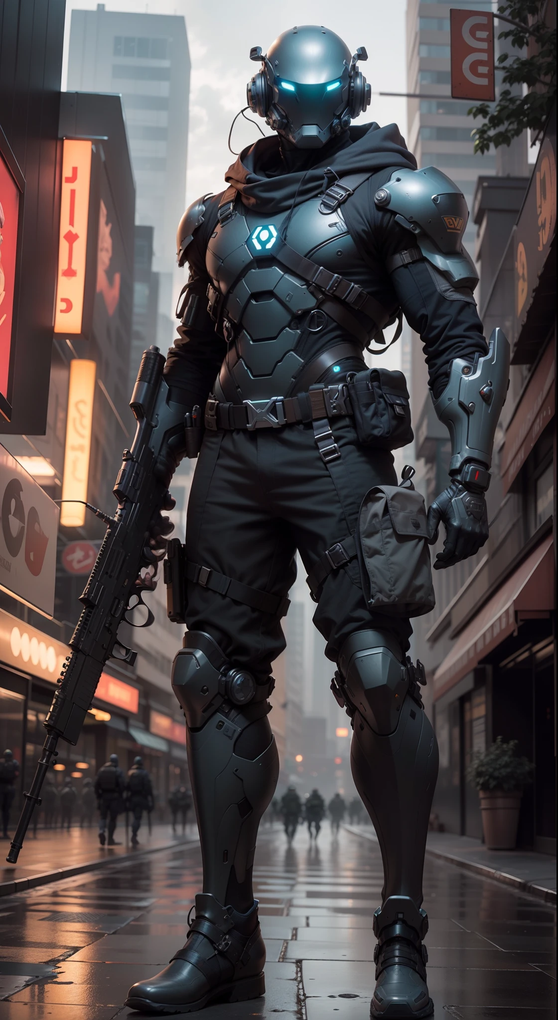 1man, a futuristic-looking male military commander with a fantastic ((square cyberhelmet head with blue lights)) and a pair of mechanical feet, wearing a pair of ((iron grey gloves)), no shoes, dressed in ((grey FROG suit)), standing in cyberpunk city, holding weapon, holding gun, rifle, handgun, assault rifle, wearing epTactical, face focus, UHD, anatomically correct, best quality, masterpiece, full body panel