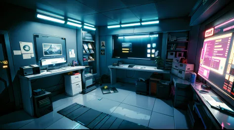 v'home, computer desk, neon lights, neon trim, hologram, (hiquality, beste-qualit, hight resolution), (ultimate phtoreal concept...