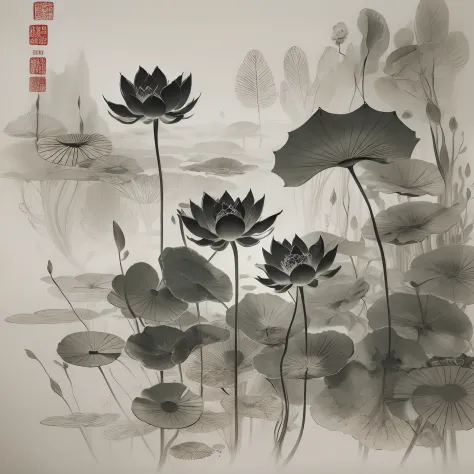 Tradition Chinese Ink Painting，black lotus，Lotus leaf