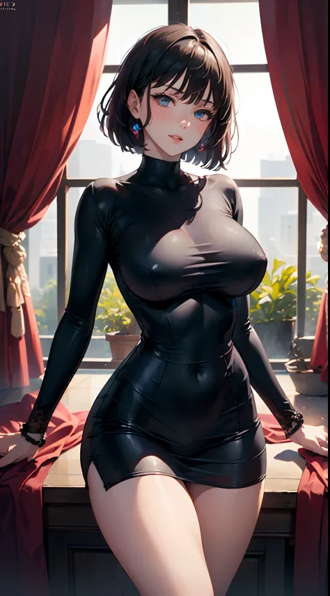 ((((masterpiece, best quality, high resolution)))), 1girl, realistic dark hair, bob cut, short wavy hair, blush, light smile, parted lips, glow, thighs, narrow waist, (masterpiece), (beautiful detailed face, beautiful detailed eyes), wide hips, (large brea...