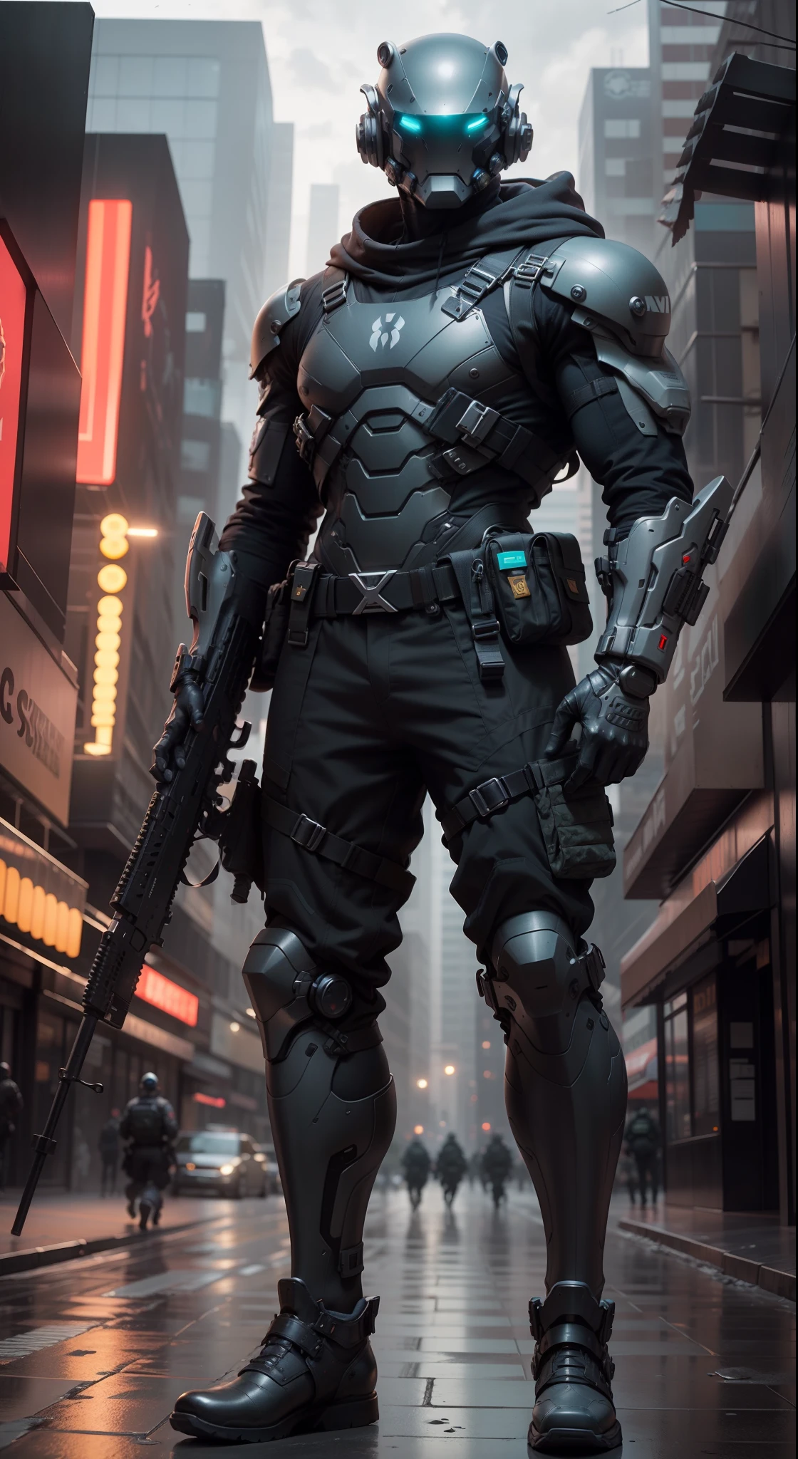 1 hombre, Un comandante militar masculino de aspecto futurista con un fantástico ((cabeza de cibercasco cuadrada con luces azules)) y un par de pies mecánicos, usando un par de ((Guantes gris hierro)), sin zapatos, vestido ((traje gris FROG)), de pie en la ciudad cyberpunk, sosteniendo arma, sosteniendo el arma, rifle, Pistola, fusil de asalto, usando epTactical, Enfoque facial, uhd, anatómicamente correcto, mejor calidad, Obra maestra, panel de cuerpo completo