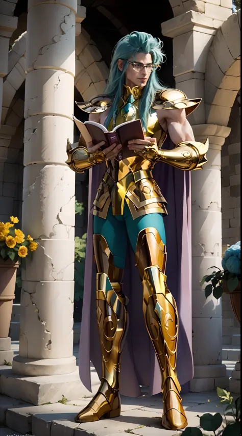 A man, male details, Degel Aquarius from Saint Seiya, masterpiece, best quality, highly detailed RAW color photo, sharp focus, 8k high definition, (reading glasses:1.5), (holding a book:1.2), long hair, turtle neck, male wearing gold armor, light turquoise...