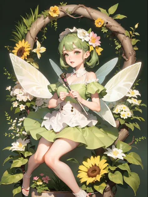 flower fairy, transparent colorful wings, magic wand，the background is forest，fresh flowers，green trees，outstanding quality，illu...