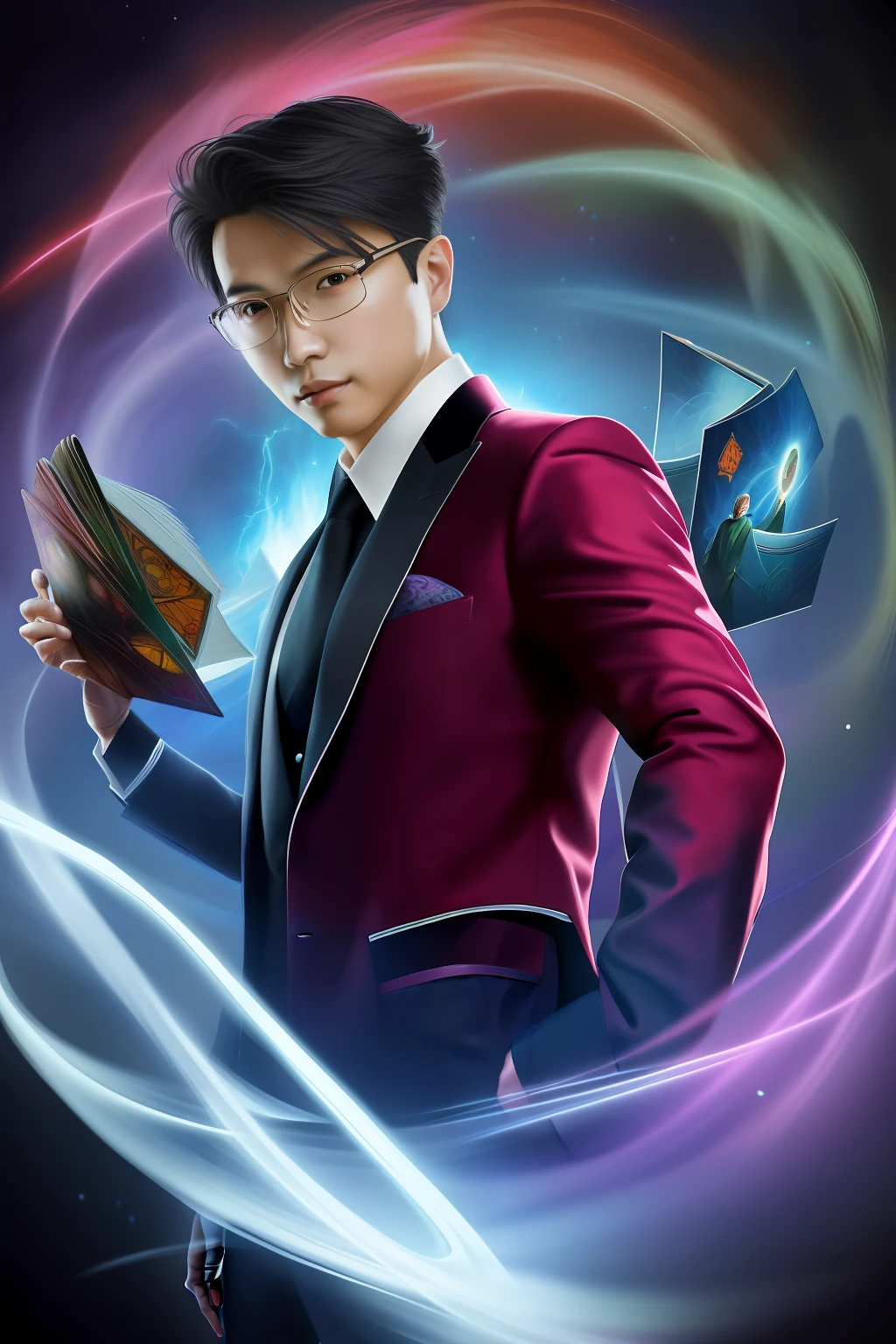 （best qulity，The Masterpiece），（Ultra-detailed colors），A detailed painting depicting A handsome 35-year-old Chinese mature man in a suit surrounded by a flurry of glowing Magic The Gathering cards and the book Dungeons and Dragons in the center.