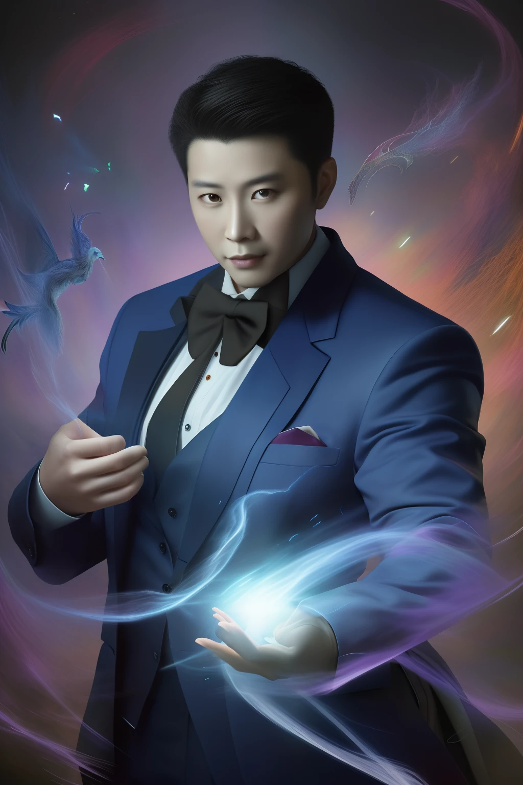 （best qulity，The Masterpiece），（Ultra-detailed colors），A detailed painting depicting A handsome 35-year-old Chinese mature man in a suit surrounded by a flurry of glowing Magic The Gathering cards and the book Dungeons and Dragons in the center.