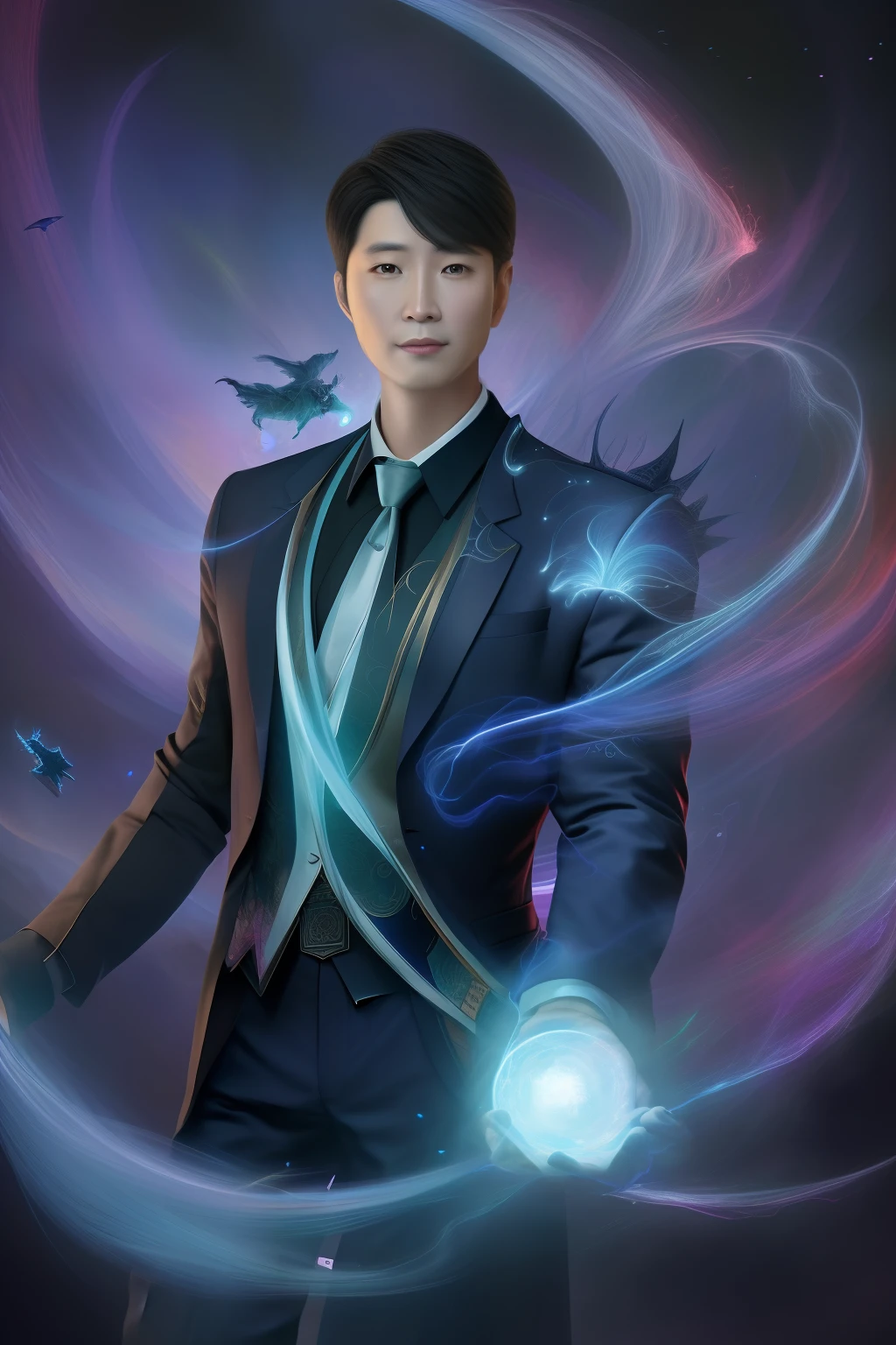 （best qulity，The Masterpiece），（Ultra-detailed colors），A detailed painting depicting A handsome 35-year-old Chinese mature man in a suit surrounded by a flurry of glowing Magic The Gathering cards and the book Dungeons and Dragons in the center.