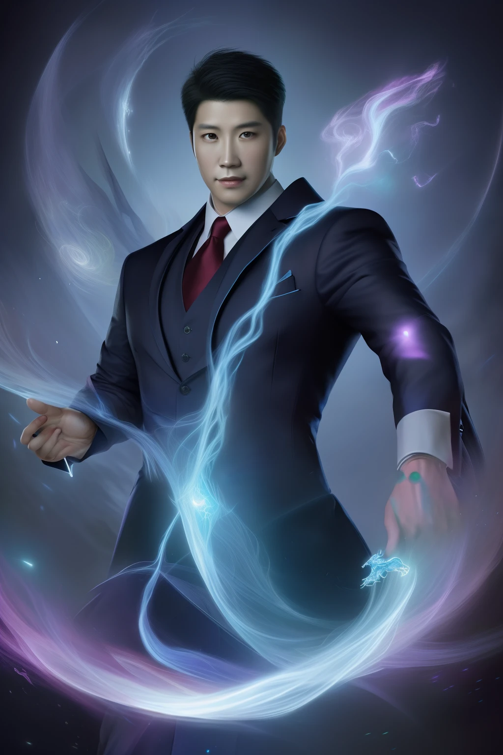 （best qulity，The Masterpiece），（Ultra-detailed colors），A detailed painting depicting A handsome 35-year-old Chinese mature man in a suit surrounded by a flurry of glowing Magic The Gathering cards and the book Dungeons and Dragons in the center.