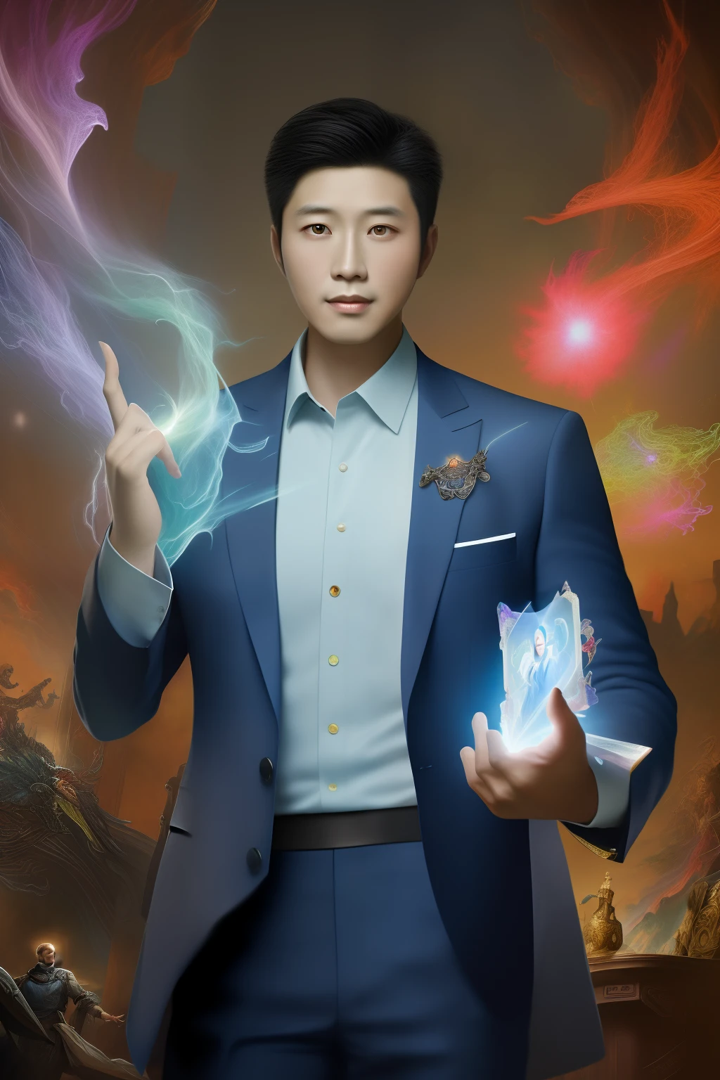 （meilleure qualité，Le chef-d&#39;œuvre），（Des couleurs ultra détaillées），Une peinture détaillée représentant un bel homme mûr chinois de 35 ans en costume entouré d&#39;une rafale de cartes Magic The Gathering lumineuses et du livre Donjons et Dragons au centre..