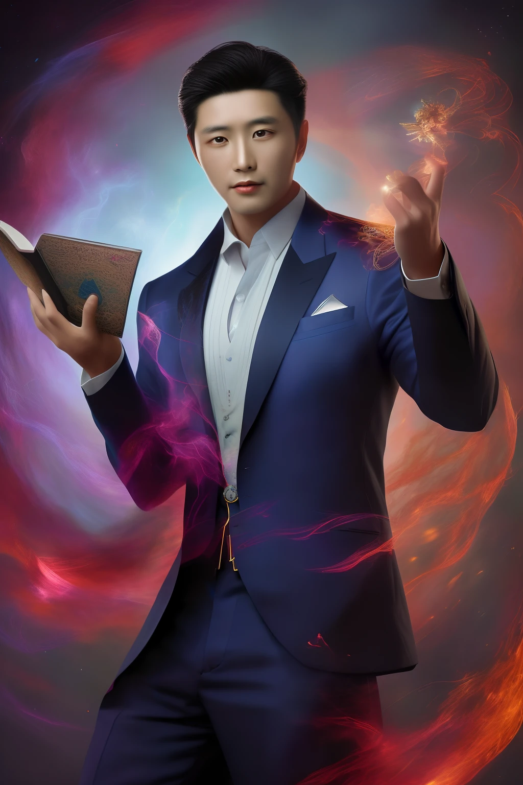 （best qulity，The Masterpiece），（Ultra-detailed colors），A detailed painting depicting A handsome 35-year-old Chinese mature man in a suit surrounded by a flurry of glowing Magic The Gathering cards and the book Dungeons and Dragons in the center.