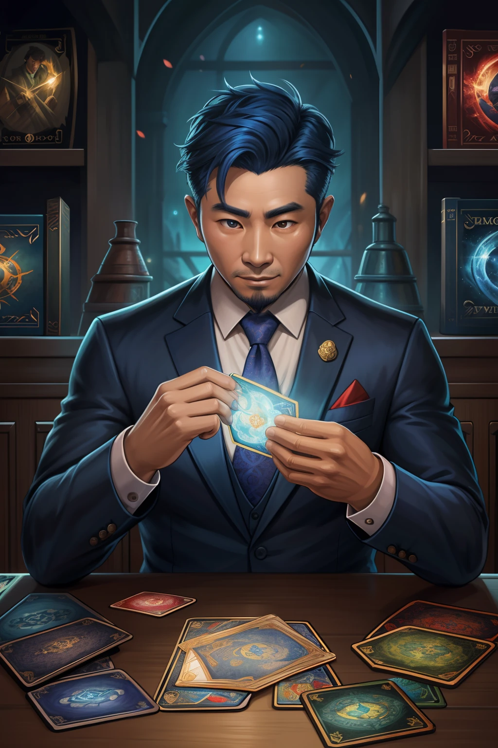 （best qulity，The Masterpiece），（Ultra-detailed colors），A detailed painting depicting A handsome 35-year-old Chinese mature man in a suit surrounded by a flurry of glowing Magic The Gathering cards and the book Dungeons and Dragons in the center.