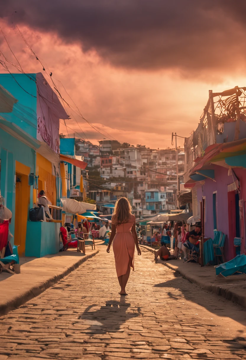 Arafed woman walking down a cobblestone street in a colorful city - SeaArt  AI