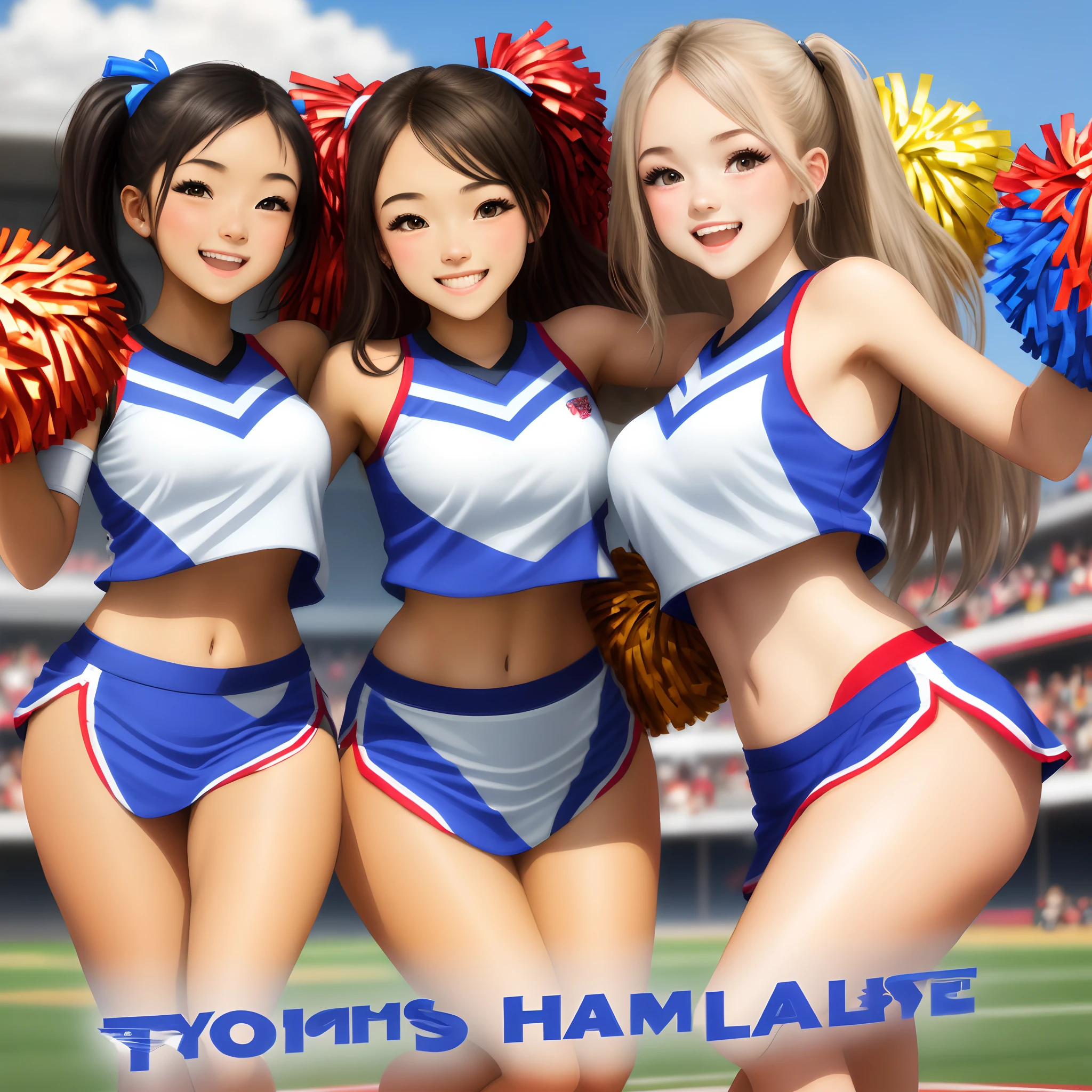 Two cheerleaders pose for a picture in front of a stadium - SeaArt AI