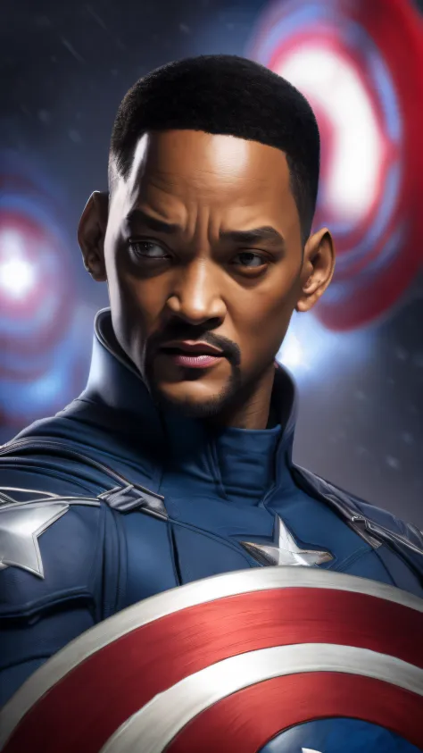 . Tarantino style Will Smith as Captain America 8k, high definition, detailed face, detailed face, detailed eyes, detailed suit, in style of marvel and dc, hyper-realistic, + cinematic shot + dynamic composition, incredibly detailed, sharpen, details + sup...