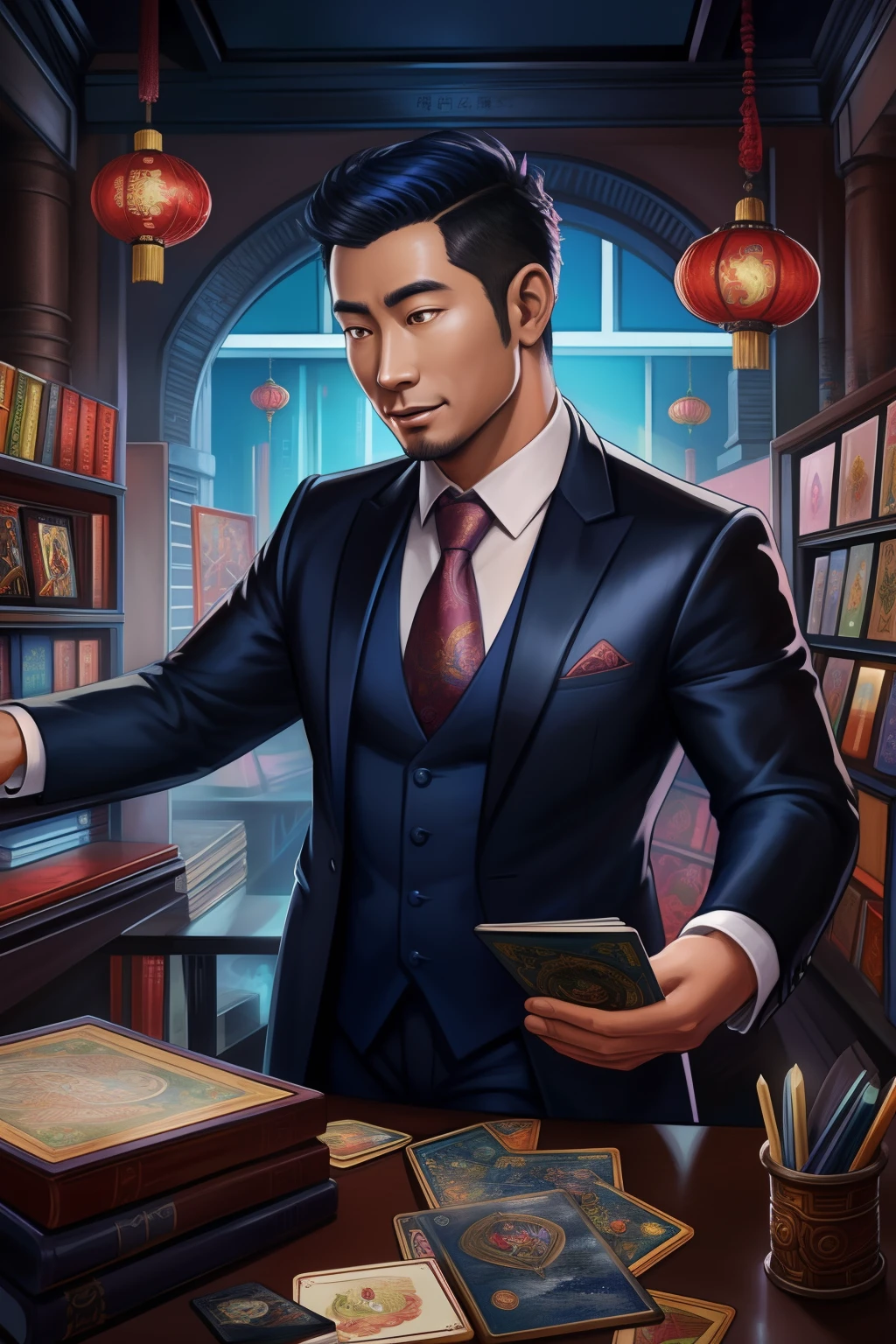 （best qulity，The Masterpiece），（Ultra-detailed colors），A detailed painting depicting A handsome 35-year-old Chinese mature man in a suit surrounded by a flurry of glowing Magic The Gathering cards and the book Dungeons and Dragons in the center.