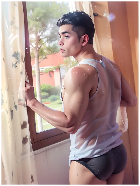 there is a gay man standing by a window, stocky chubby masucline body, mega muscles, very shiny wet sweaty oiled waxy erotic looking muscles and skin, flawless white skin, very short soldier hairstyle, handsome face with detailed facial features, correct a...