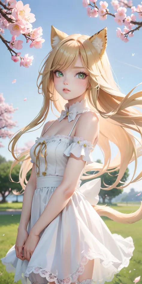 ((1 cat girl))), ((cat ears)) solo, (((long blonde hair blown by the wind))), green eyes, majestic dress, white stocking, lace, look at the viewer, luxurious, elegant, extremely detailed, parted lips, shy, feminine charm, blurry, beautiful sky, tree, twig,...