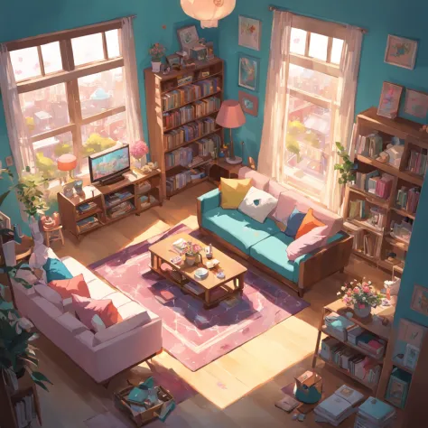 (Isometric:1.3),(highres:1.5) extremely high-quality, photogenic, extremely exquisite, 4k, living room,(be riotous with colour:1.4)，(Three little girls:1.5)，( cute style:1.4), (cartoon home:1.3), building blocks, coffee table, sofa, large balcony, large wi...