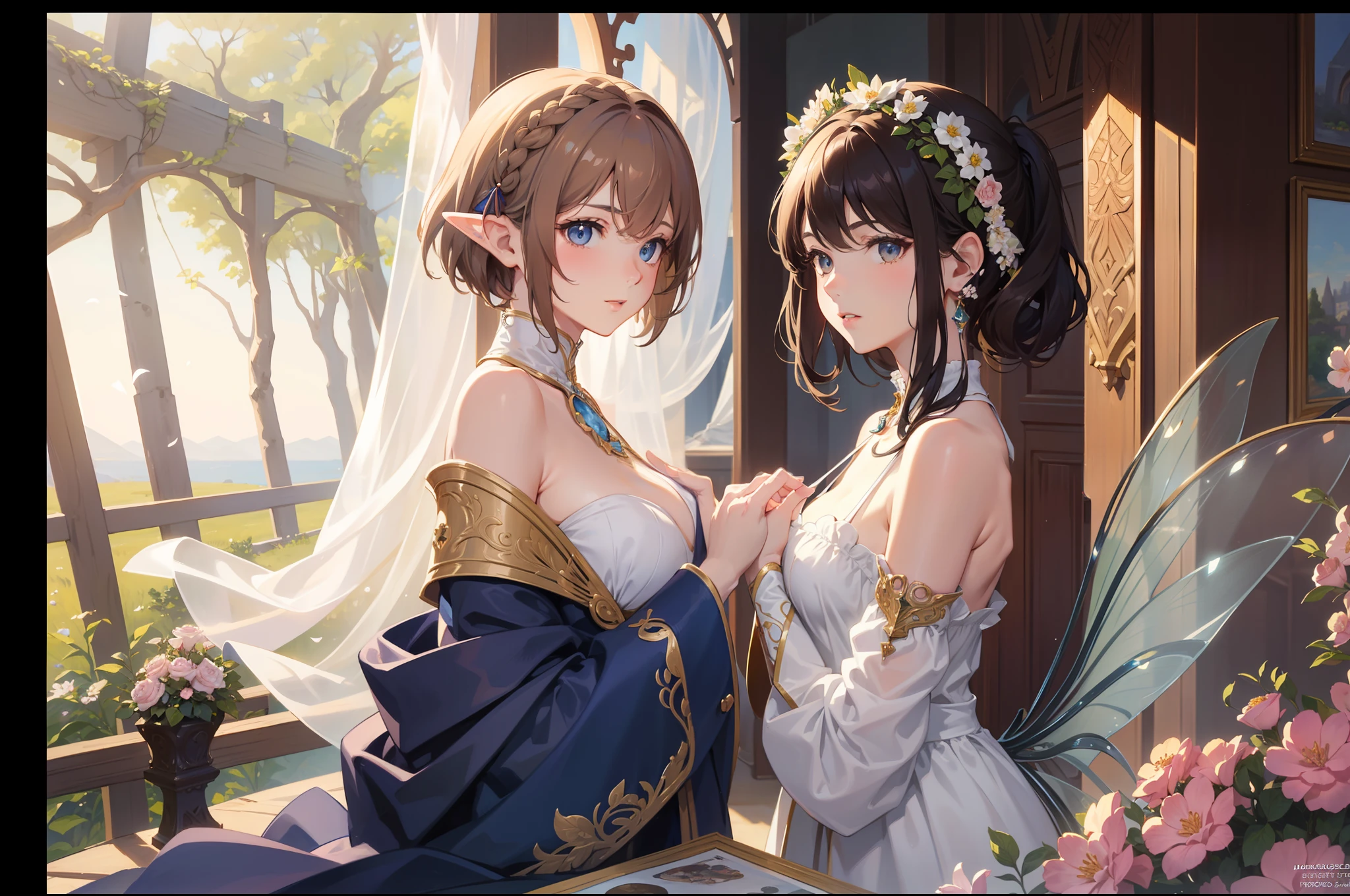 Anime chicas anime con vestidos de novia posando para una foto - SeaArt AI