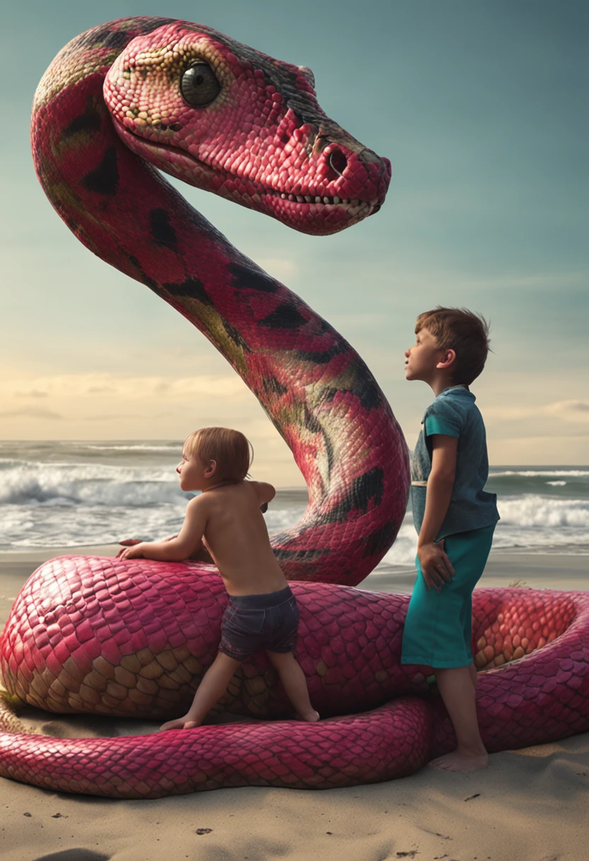 Huge ，snake woman，beachside，The little boy lies on top of the snake woman，Little  boy has sex with snake woman - SeaArt AI