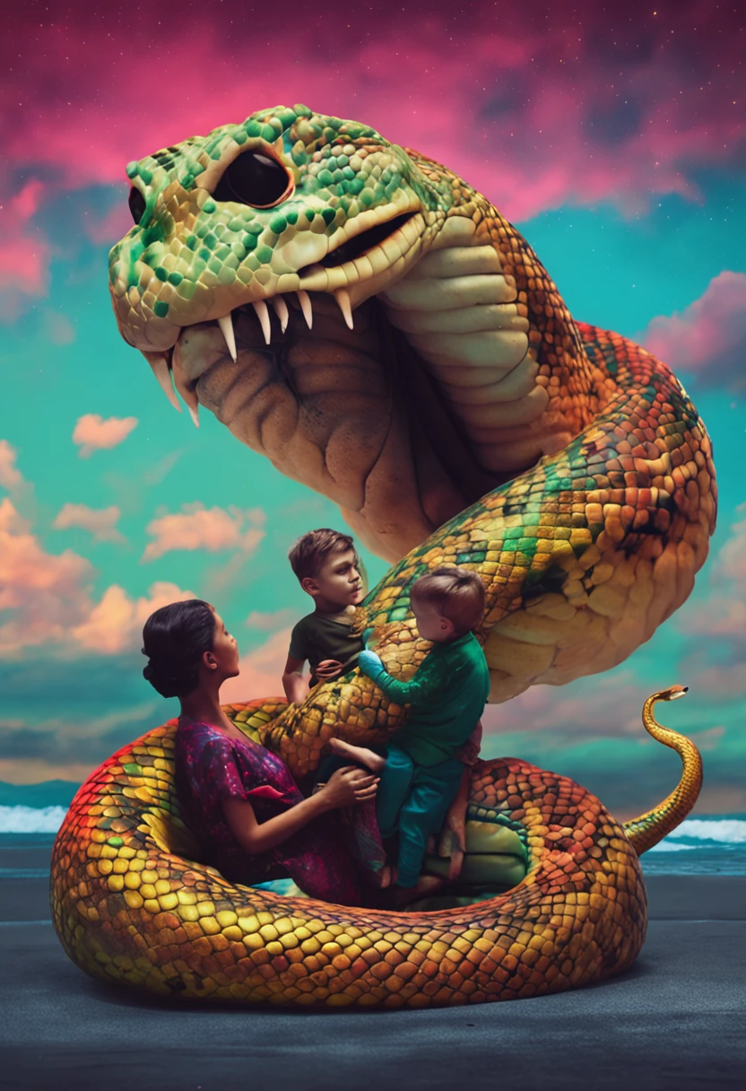 Huge ，snake woman，beachside，The little boy lies on top of the snake woman，Little  boy has sex with snake woman - SeaArt AI