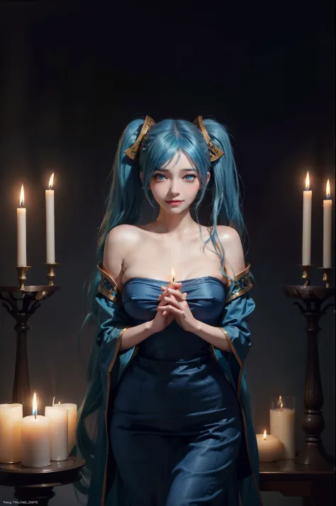 sona in a dark room undressing, sona \(league of legends\), blue hair, blue eyes, gradient hair, twintails, hair ornament, blush...