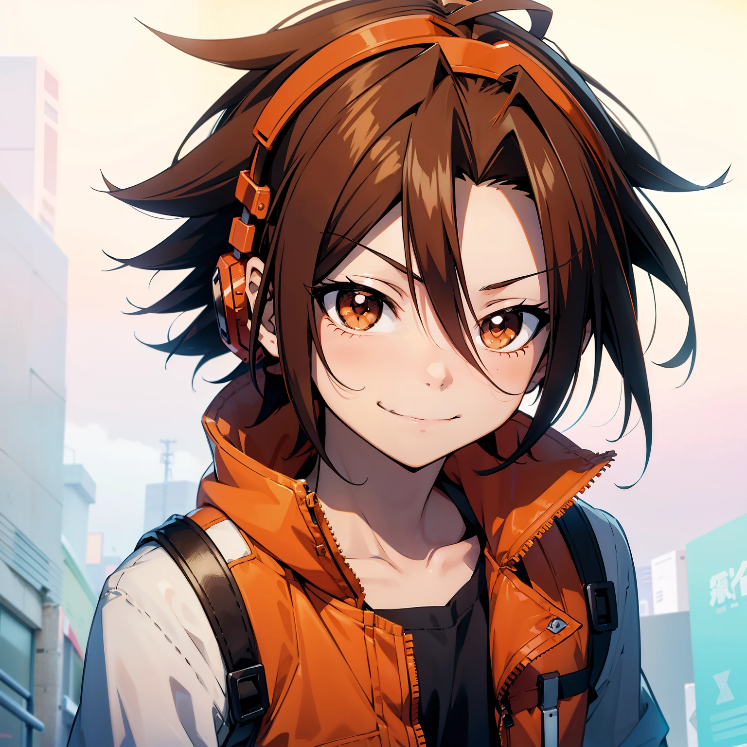 Anime boy, 1 boy, orange headphones in neck, Asakura Yoh, bown hair, split hair, split frontal bangs, hair parted in the front, medium hair, smile, brown eyes, extremely detailed eyes