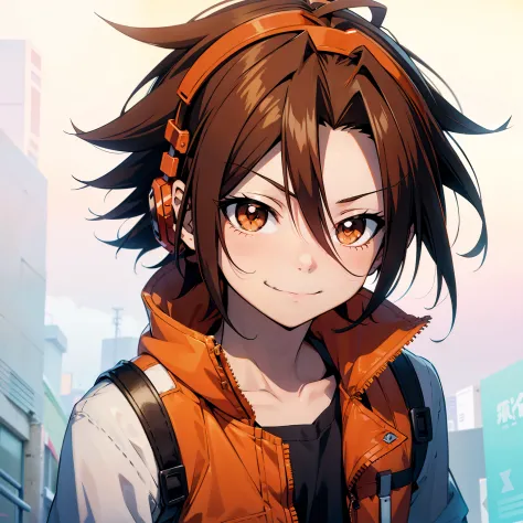 Anime boy, 1 boy, orange headphones in neck, Asakura Yoh, bown hair, split hair, split frontal bangs, hair parted in the front, ...