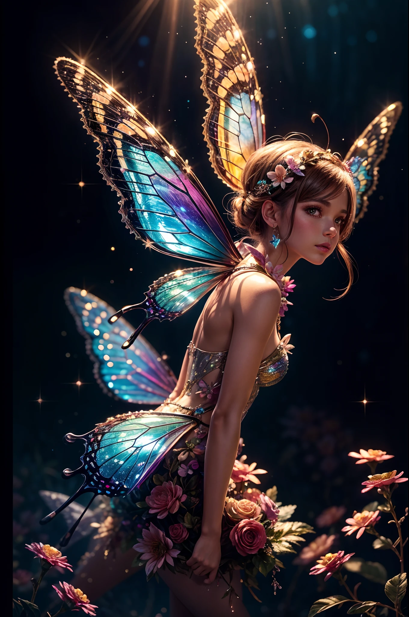 Close up,Flower fairy,crystal fairy, shiny butterfly wings,crystal blossom flower,
fantasy, galaxy, transparent, 
shimmering, sparkling, splendid, colorful, 
magical photography, dramatic lighting, photo realism, ultra-detailed, 4k, High-resolution
