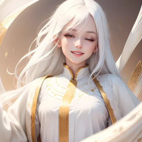 best quality, white hair, gold eyes, white clothes, looking up - SeaArt AI