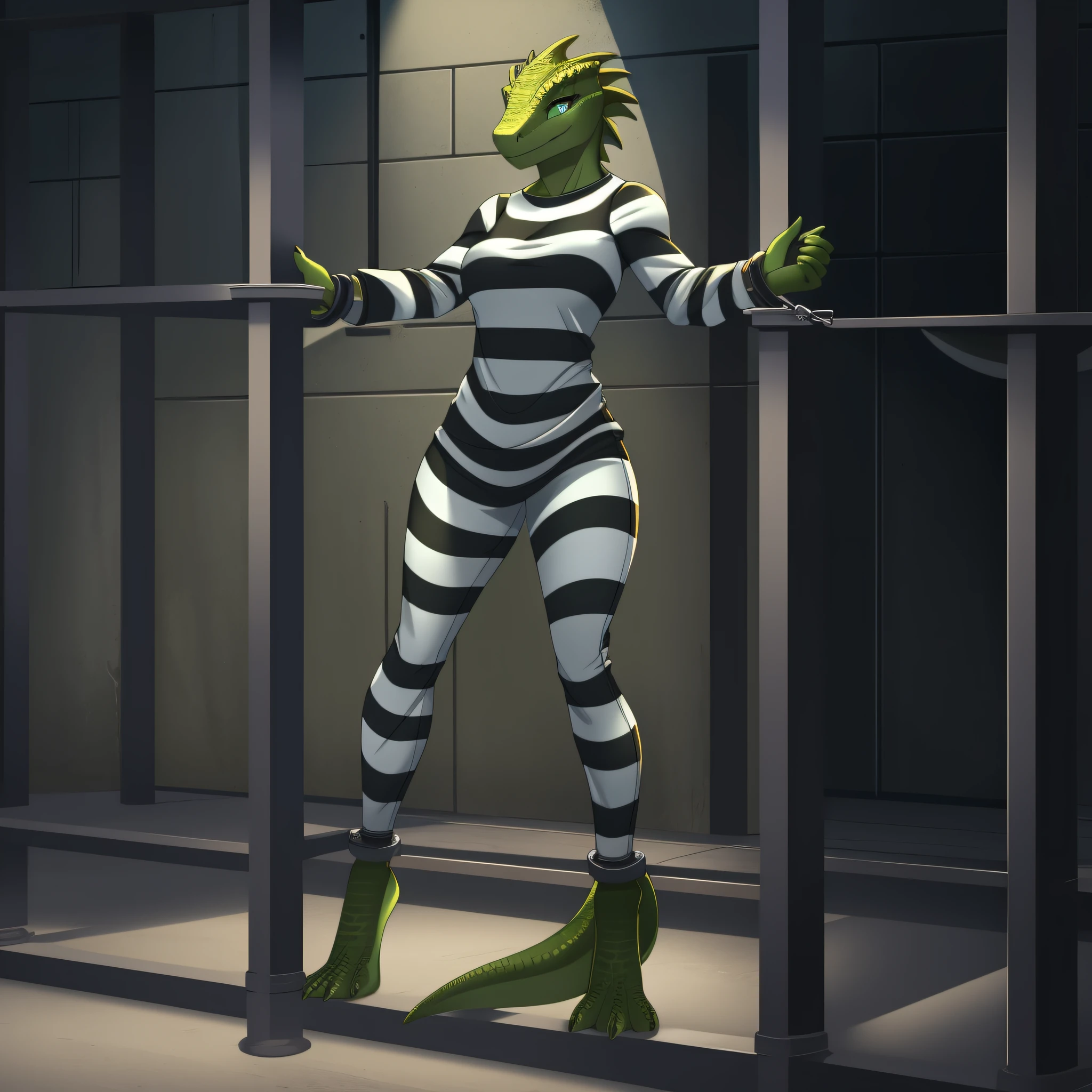 Solo, female, scalie, green eyes, lizard, smiling, green skin, green body, muscular, detailed hands, ((priclothes)), ((striped clothes)), prisoner, clothes, clothing, outfit, shirt, long sleeves, pants, full body, black and white stripes, Hands clasped in front, arms down, shackled