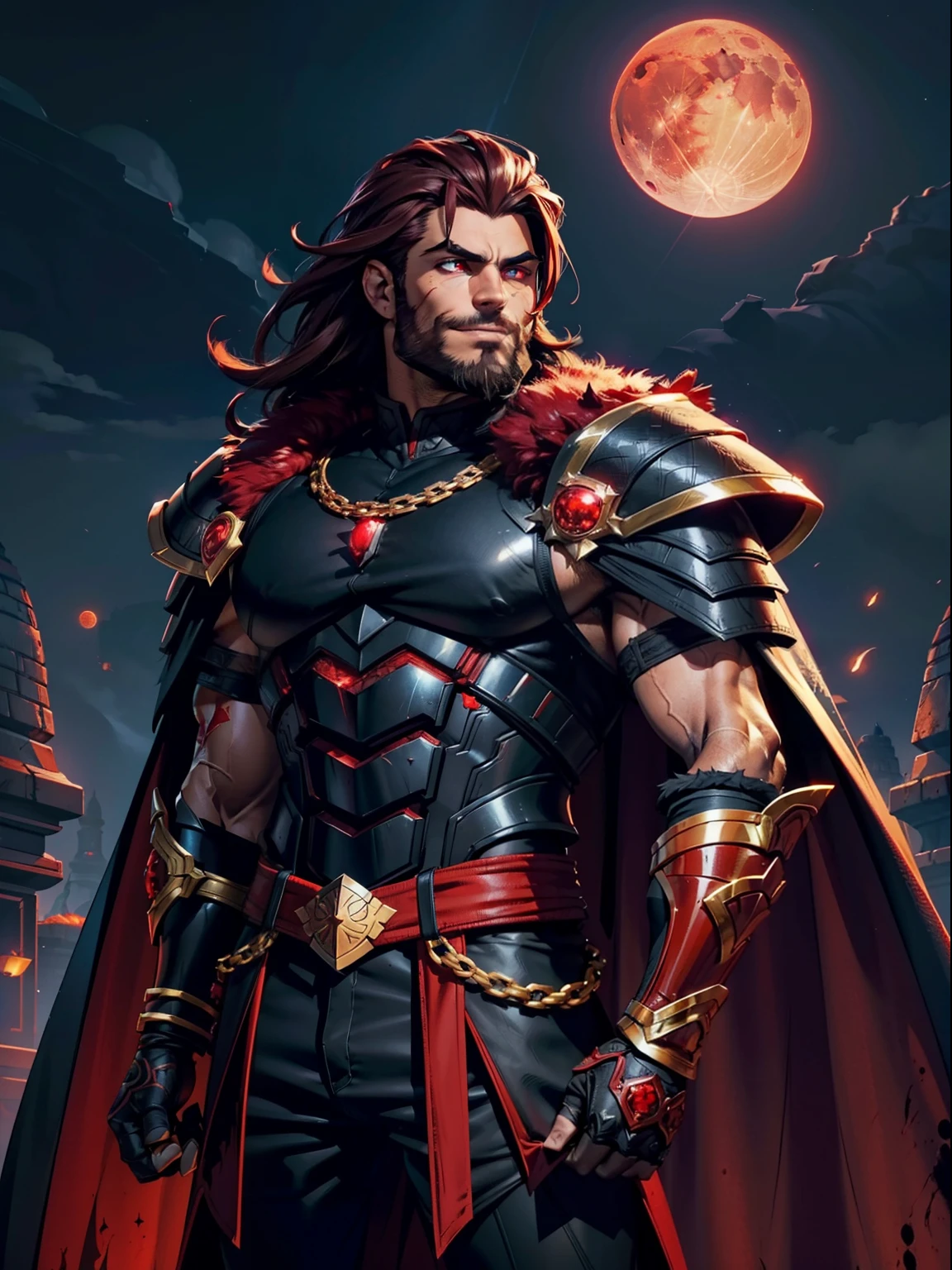 Dark night blood moon background, Hades style, game portrait. Sadurang from Marvel, hunk, buffed physics, short mane hair, mullet, defined face, detailed eyes, short beard, glowing red eyes, dark hair, wily smile, badass, dangerous. Wearing full armor with red dragon scales, cape of furs.  Breath fire.