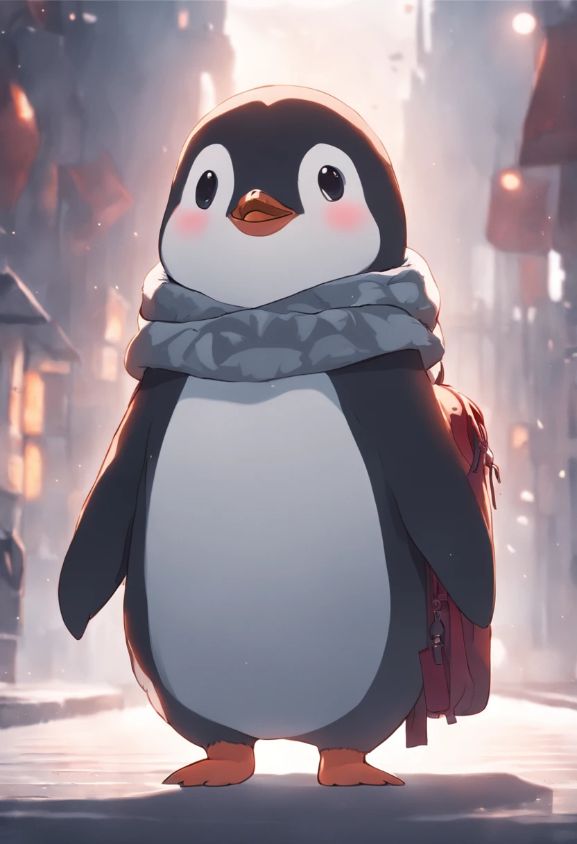 Penguin with scarf and backpack walking down a city street - SeaArt AI