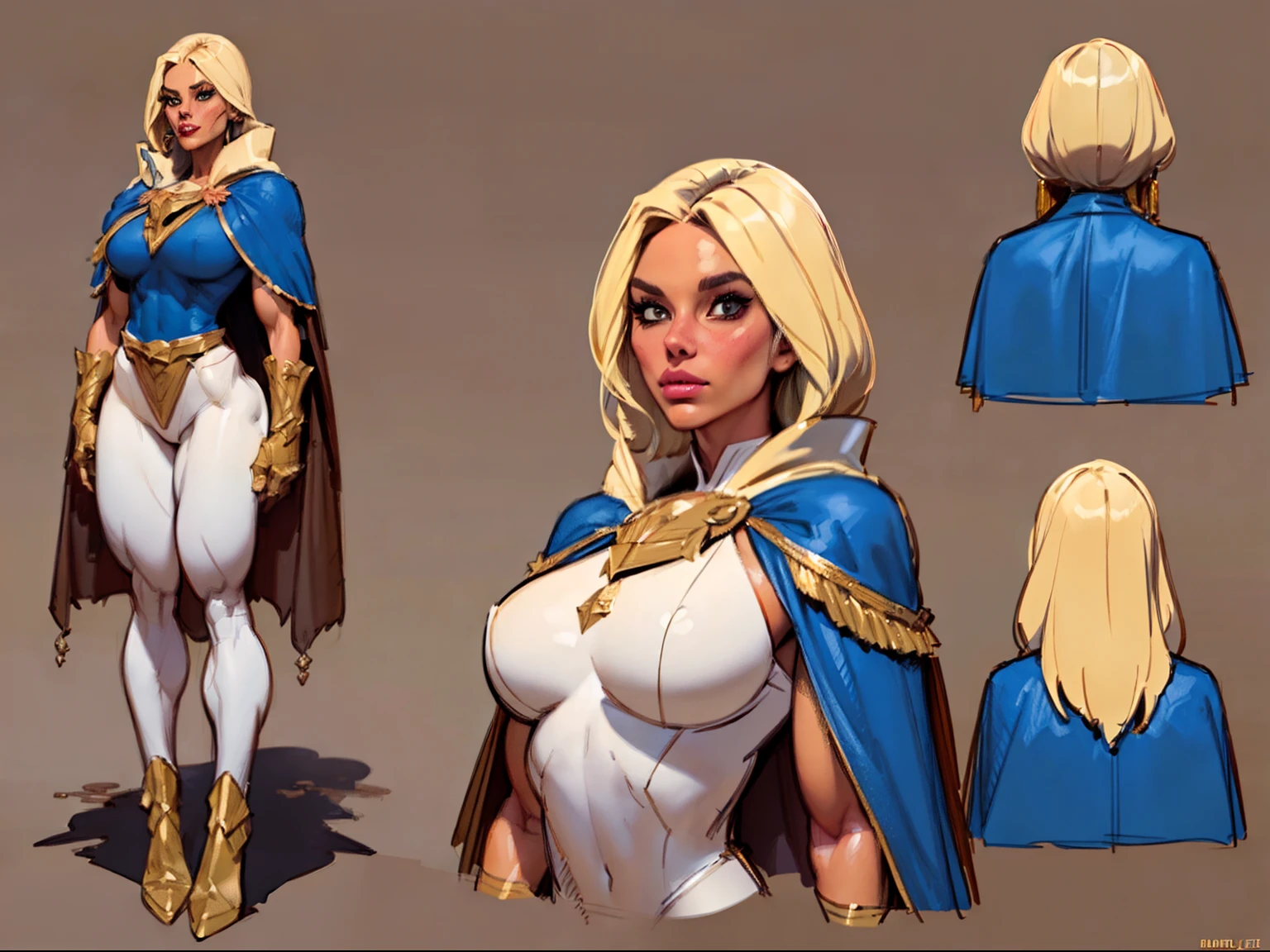 ((masterpiece)),(((best quality))),((character design sheet)), illustration,1woman, environment Scene change,  muscular, (brown skin:1.4), (black legs), thick legs, (royalty cape:1.5), scribbles and marks, fire, ((detailed face:1.1)), rough sketches, pose too, platinum blonde, black and gold color palette, 8k,16k, (simple background, light background: 1.3)