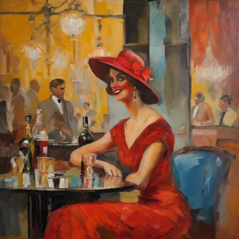 Wide angle view, Oil on canvas by Claude Monet style, a beautiful woman from the 1920s, she is elegant, she has a red dress on and a lovely hat, she has brown hair, blue eyes, she is in a 1920s Paris bar, she is sitting at the bar in a chair, it's a majest...