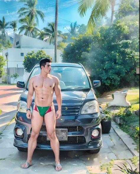 a man in a green transparent white tight bikini highlighting his underlying big bulge, handsome face with detailed facial features,  standing next to a sport Lamborghini car, masculine stocky body, mega muscles, correct accurate male anatomy, correct numbe...