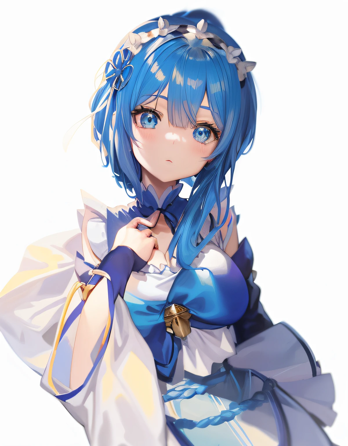 Anime girl with blue hair and blue dress holding a white bag, Rem Rezero, anime moe art style, Loli, cerulean, Ayaka Genshin impact, tsuaii, Genshin, beatrice blue, Azure. detailed hairs, style of anime4 K, cute anime waifu in a nice dress, zerochan art, Also, fus rei, Hestia