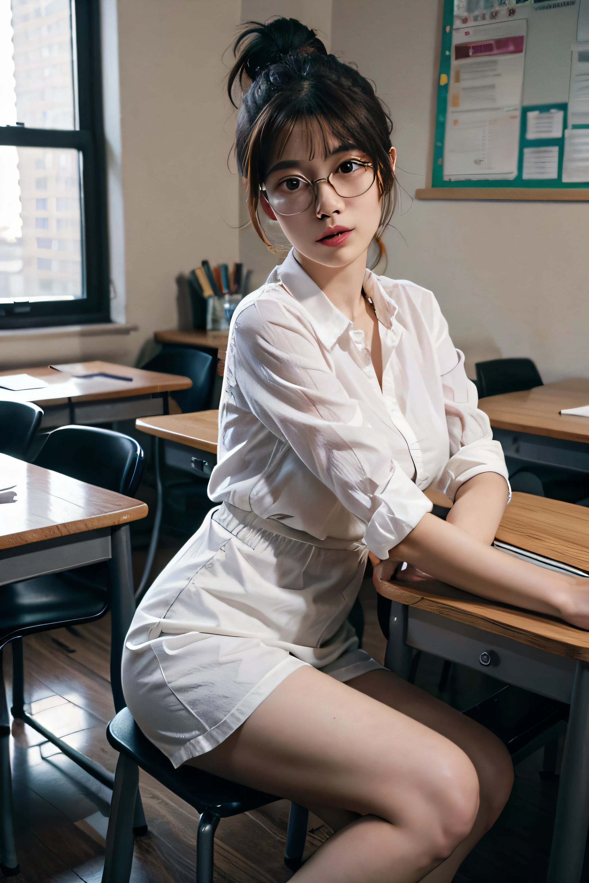 20 yo woman， brunette color hair， Short ponytail hair， thin frame glasses， Thinking face， （Wear an open button shirt， Large breasts）white stockings，Full body photo，your legs，enchanted， Lying on the table， Take a pencil， opened book， book， glass of milk， table light， BREAK BREAK BREAK， at class room， Wall decoration， ‎Classroom， glass window， wall clock， BREAK BREAK BREAK， cinematric light， realisticlying， tmasterpiece， Best quality at best， Complex CG，Highly detailed face，High detail eyes，