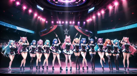 Anime-style illustration、Live scene of school idols、７People、(((7 beautiful girls are posing on a futuristic stage)))、ＳＦAn idol c...