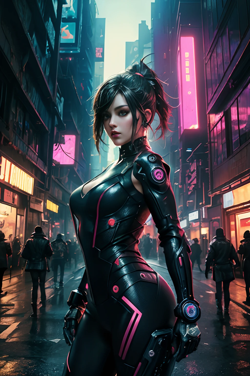 garota ciberpunk,(qualidade máxima、8K、32K、obra-prima)、(O ultra -A alta definição)、(Fotorrealístico:1.4), pose dinâmica, tiro de vaqueiro, Moda Cyberpunk,profundidade de campos, fundo da cidade cyberpunk, iluminação cinematográfica.