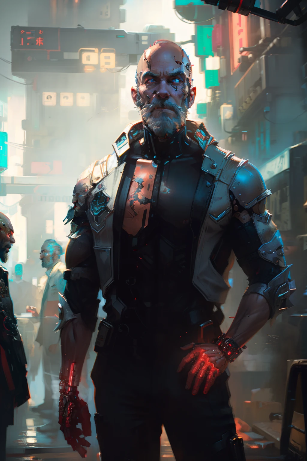 maduro, em breve um, 50s, magro, barba branca esparsa, olhos vermelhos intensos, aumento cibernético do pescoço, fusão de idade e tecnologia, Sabedoria, resiliência, Estética de Cyberpunk 2077.